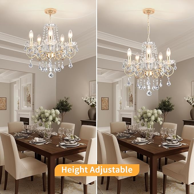 DIMMABLE Plug in Crystal Chandelier 5 Light (BULBS INCLUDED), Champaign Gold Hanging Pendant Light Fixture with 19.68ft Long Cord, K9 Crystal Ceiling for Dining Room, Living Room, Entryway, Kitchen