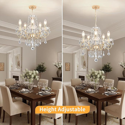 DIMMABLE Plug in Crystal Chandelier 5 Light (BULBS INCLUDED), Champaign Gold Hanging Pendant Light Fixture with 19.68ft Long Cord, K9 Crystal Ceiling for Dining Room, Living Room, Entryway, Kitchen