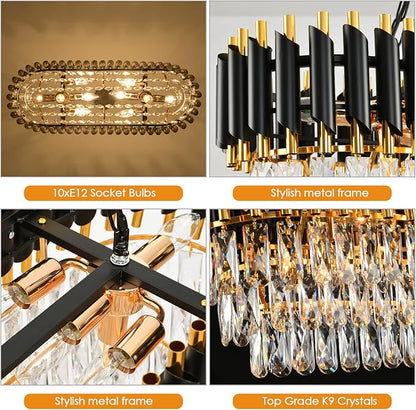 Modern Crystal Chandeliers for Dining Room 8-Light Black and Gold Chandelier Living Room Oval Contemporary Ceiling Hanging Light Pendant Light Fixture for Kitchen Island Bar L32 inch