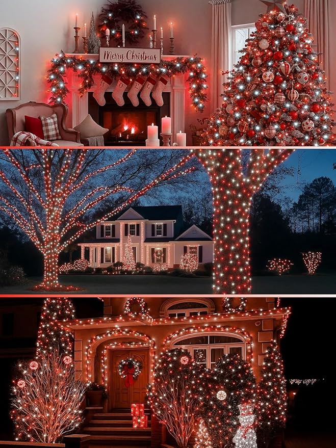 2 Pack 66FT 200 LED Red and White Christmas String Lights Indoor Outdoor, 13 Modes Extendable Christmas Tree Lights with Timer & Memory, Waterproof Twinkle Xmas Lights for Tree Holiday Party Garden