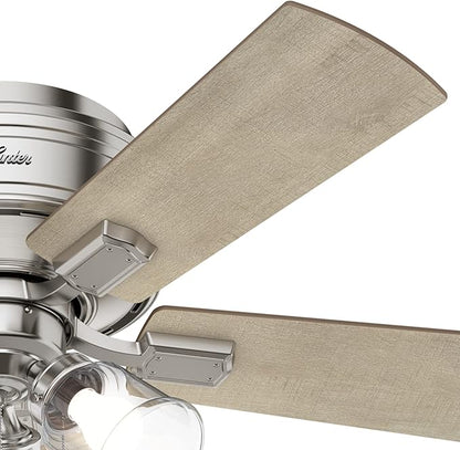 Hunter 42 inch Indoor Ceiling Fan with LED Lights and Pull Chain - Low Profile Flush Mount Ceiling Fan, 5 Blades, For Bedroom, Living Room, or Kitchen, Quiet - Crestfield 52154, Brushed Nickel