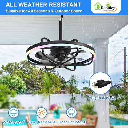 Depuley 20" Outdoor Ceiling Fan with Light: RGB Waterproof Gazebo Hanging Fan with Remote App Control - Dimmable Plug in Caged outdoor Ceiling Fans for patios Porch 6 Speeds