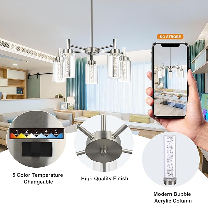 LED 5 Light Modern Chandeliers for Dining Room,Brushed Nickel Finish Hanging Lighting Fixture with Crystal Bubble Clear Glass Shade Kitchen Island for Hanging