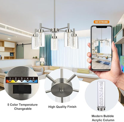 LED 5 Light Modern Chandeliers for Dining Room,Brushed Nickel Finish Hanging Lighting Fixture with Crystal Bubble Clear Glass Shade Kitchen Island for Hanging
