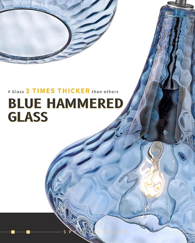 AUTELO Blue Pendant Lights Kitchen Island, 10" Hammered Glass Pendant Lights, Modern Pendant Light Fixtures in Matte Black Finish, Hanging Lamp for Dining Room, Kitchen Sink, H9164 BU