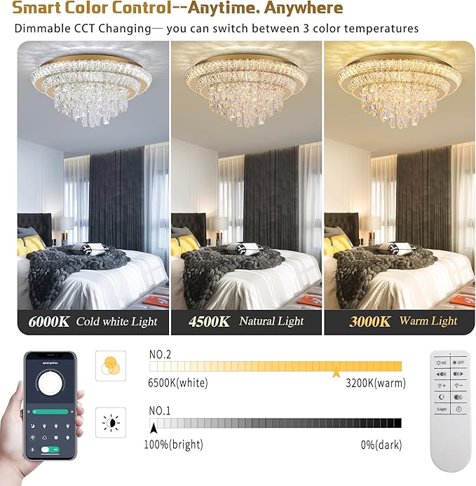 24 inch Crystal Gold Ceiling-Light Flush Mount With Remote Control and APP, 3CCT Dimmable & Brightness Adjustable, Modern Crystal Raindrop Chandeliers for Bedroom Hallway Dinning Room Living Room