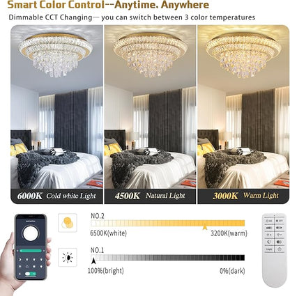 24 inch Crystal Gold Ceiling-Light Flush Mount With Remote Control and APP, 3CCT Dimmable & Brightness Adjustable, Modern Crystal Raindrop Chandeliers for Bedroom Hallway Dinning Room Living Room