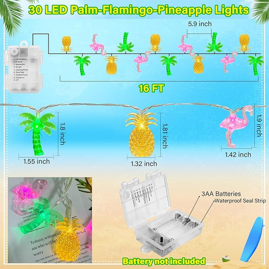 Olixmlya 30 LED [ 8 Modes & Timer ] 16Ft Summer Tropical Beach Hawaiian String Lights Tropical Flamingo Pineapple Palm Tree Fairy Lights Battery Operated for Party Beach Pool Summer Decor