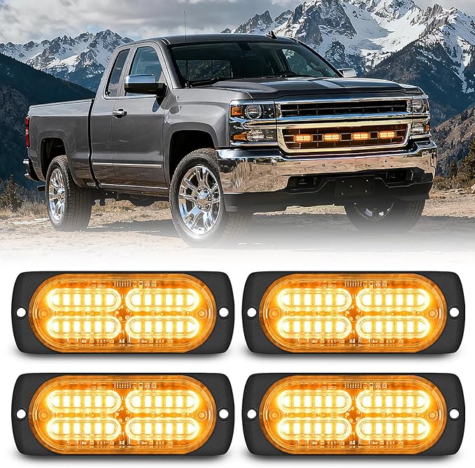 Nilight 4PCS 24LED Emergency Strobe lights 12V 24V Amber Surface Mount Grille Hazard Safety Warning Light Sync Feature Side Flashing Marker Flash for Car Truck Campers