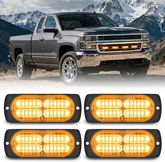 Nilight 4PCS 24LED Emergency Strobe lights 12V 24V Amber Surface Mount Grille Hazard Safety Warning Light Sync Feature Side Flashing Marker Flash for Car Truck Campers