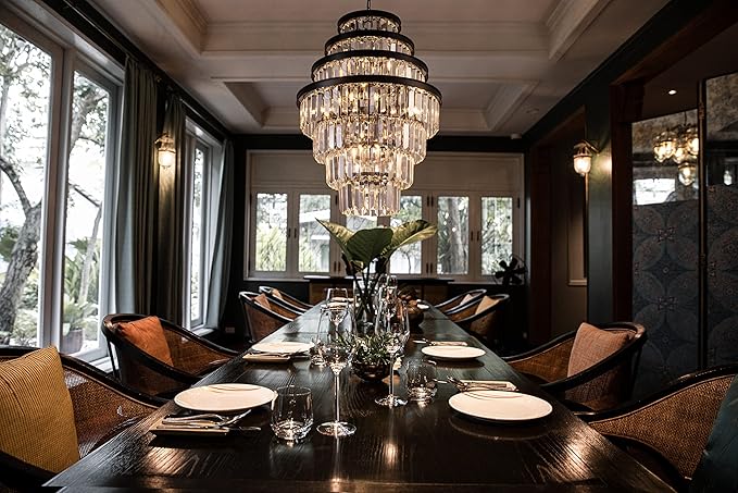 Wellmet Crystal Chandelier, 7-Tier Large Vintage Black Luxury Crystal Chandelier, for Living Room, Dining Table, Foyer, Drawing Room, Hallway, Entryway, Restaurant 33''H * 24''W