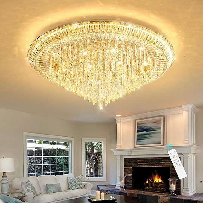 Modern LED Crystal Chandelier for Living Room Dimmable Large Ceiling Light Fixture Round Raindrop Chandeliers for Dining Room Entryway Bedroom Foyer Gold