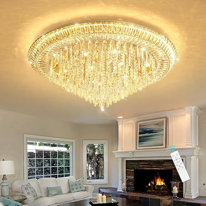 Modern LED Crystal Chandelier for Living Room Dimmable Large Ceiling Light Fixture Round Raindrop Chandeliers for Dining Room Entryway Bedroom Foyer Gold