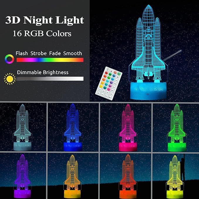 Space Shuttle Night Light, Space Shuttle Gifts, Rocket 3D Illusion Lamp with 16 Colors Changing, Timer, 4 Flash Modes and Dimmable, Kids Boys Girls Room Decoration, Holiday Xmas Spaceship Gifts