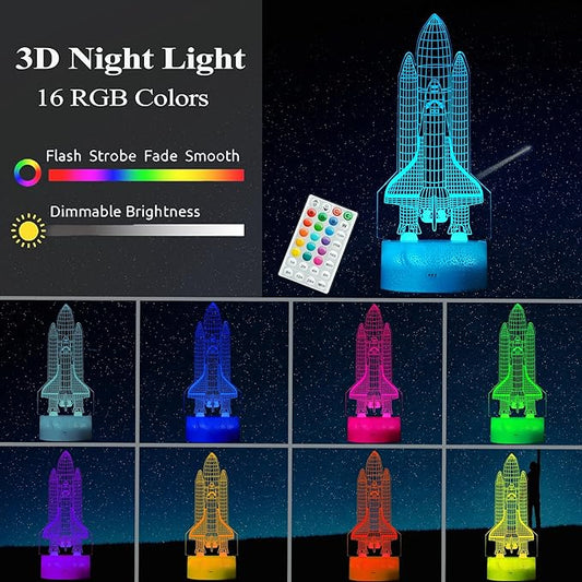 Space Shuttle Night Light, Space Shuttle Gifts, Rocket 3D Illusion Lamp with 16 Colors Changing, Timer, 4 Flash Modes and Dimmable, Kids Boys Girls Room Decoration, Holiday Xmas Spaceship Gifts