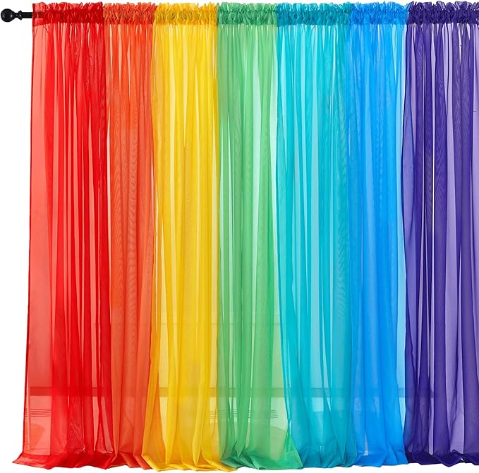 PONY DANCE 7 Pieces Rainbow Sheer Curtains - Colorful Backdrop Bright Drape Set for Playroom,Nurseries,Party,Red,Orange,Yellow,Green,Cyan,Blue,Purple,52x63 inch Length