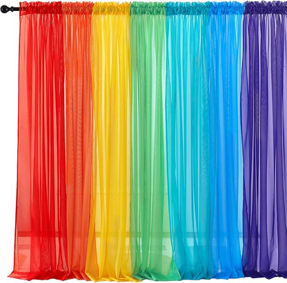 PONY DANCE 7 Pieces Rainbow Sheer Curtains - Colorful Backdrop Bright Drape Set for Playroom,Nurseries,Party,Red,Orange,Yellow,Green,Cyan,Blue,Purple,52x63 inch Length