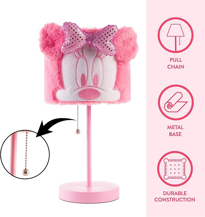 Idea Nuova Disney Minnie Mouse Table Lamp,Plush Pink Base with Decorative Shade, Kids Bedroom or Nursery Lighting, Cute Character Lamp for Girls