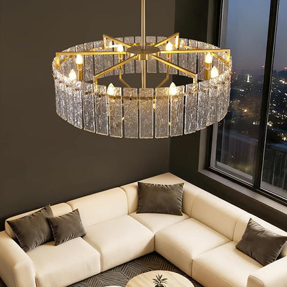 31.5" Modern Water Ripple Glass Chandeliers, Luxury 8-Light Round Drum Chandelier, Large Gold Pendant Lighting Fixtures for Living Room Dining Room Bedroom Hotel