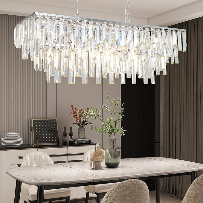 Modern Chrome Rectangle Chandelier, 10 Lights Linear Luxury Crystal Chandelier Top K9 Crystal Rectangular Ceiling Pendant Light Fixture for Dining Room Kitchen Table Living Room