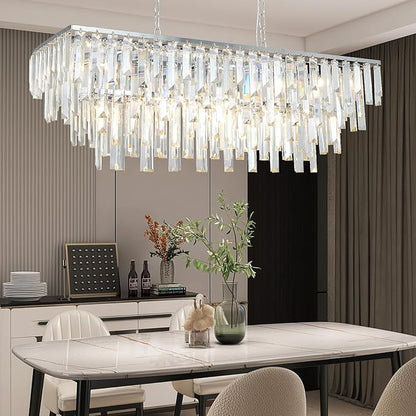 Modern Chrome Rectangle Chandelier, 10 Lights Linear Luxury Crystal Chandelier Top K9 Crystal Rectangular Ceiling Pendant Light Fixture for Dining Room Kitchen Table Living Room