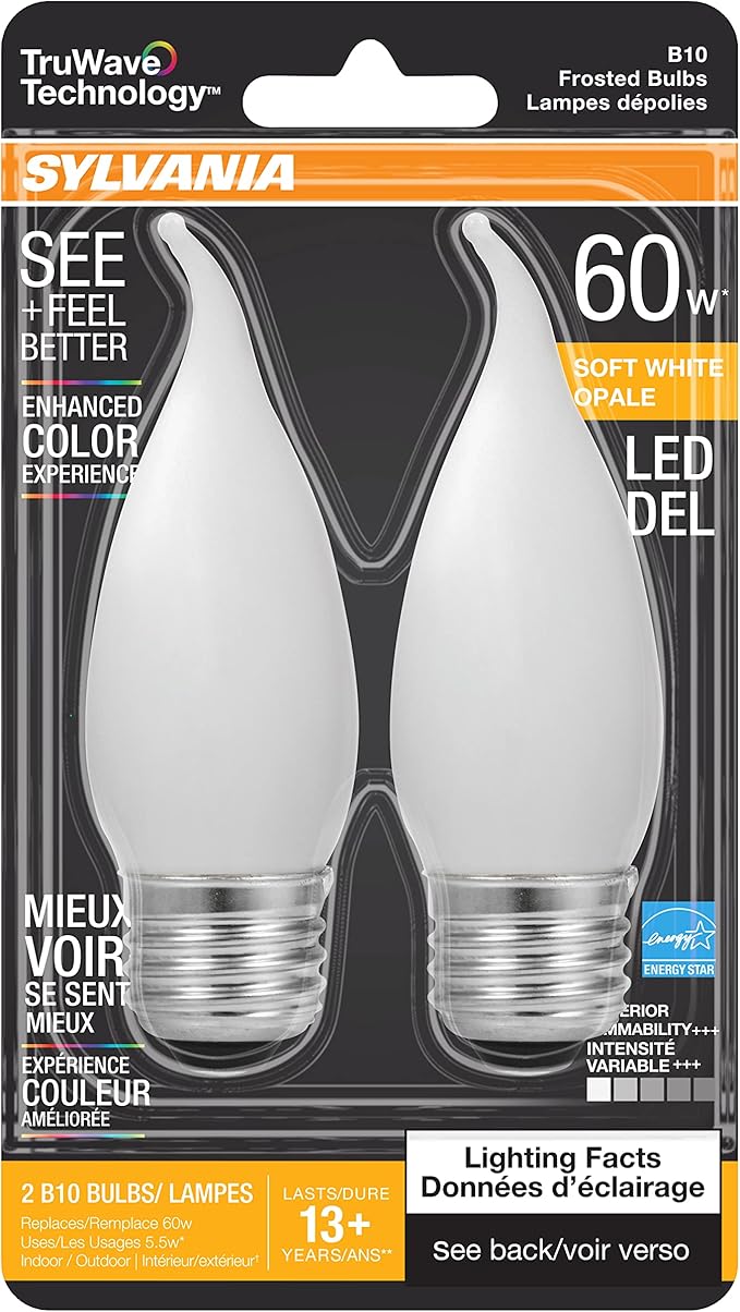 Sylvania LED TruWave Natural Series Candelabra Light Bulb, 60W Soft White Medium Base, Dimmable, Frosted, Candle Tip - 2 Count (Pack of 2)