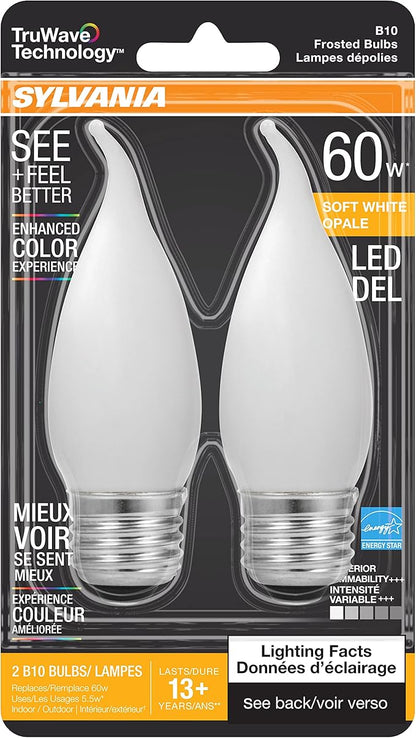 Sylvania LED TruWave Natural Series Candelabra Light Bulb, 60W Soft White Medium Base, Dimmable, Frosted, Candle Tip - 2 Count (Pack of 2)