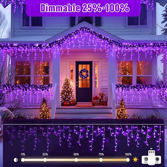 JMEXSUSS Purple Christmas Icicle Lights, 38.8 FT 400 LED Icicle Light Outdoor Waterproof, 8 Modes Purple Halloween Lights with 80 Drops Plug in for House Christmas Party Decorations