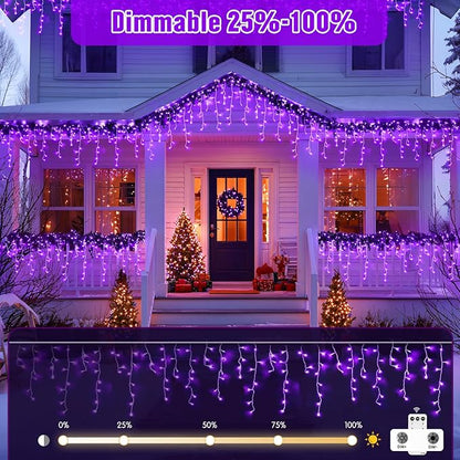 JMEXSUSS Purple Christmas Icicle Lights, 38.8 FT 400 LED Icicle Light Outdoor Waterproof, 8 Modes Purple Halloween Lights with 80 Drops Plug in for House Christmas Party Decorations