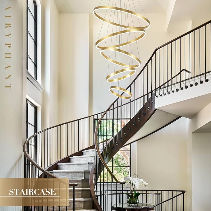 Gold Modern LED Chandeliers 5 Rings Chandelier for High Ceiling 31" Large Foyer Chandelier Entryway Dimmable Pendant Light Fixture for Living Room Staircase, 3000K-6500K