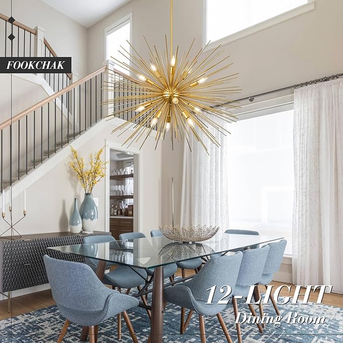 35in Gold Sputnik Chandelier 12-Light Starburst Chandelier Light Fixture Solid Metal Mid-Century Modern Satellite Light Fixture for High Ceiling Living Room Dining Room Foyer, E12