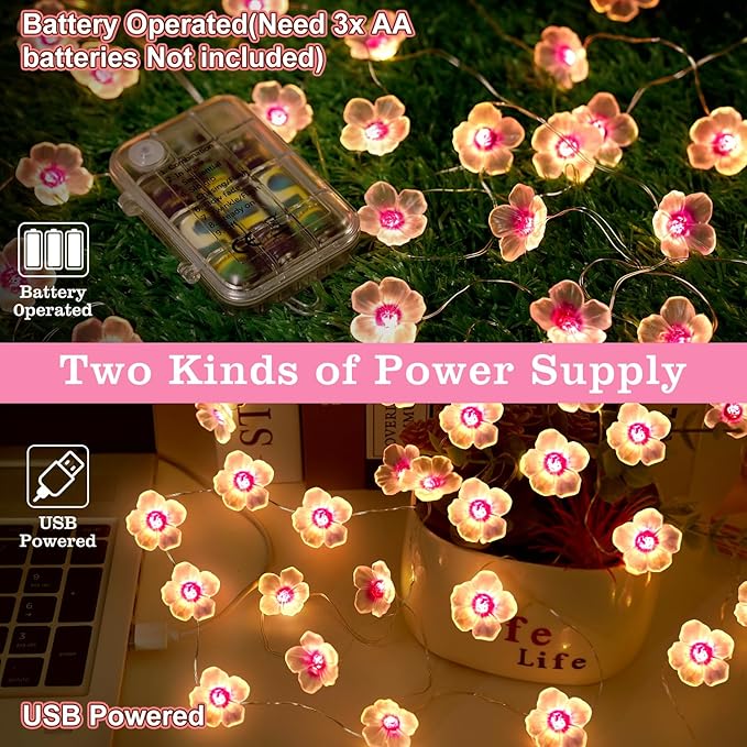 OMIKA Battery Operated String Lights Indoor, 16.5FT 50 LED Cherry Blossom Bedroom Lights, Warm White Flower Light Decorative for Room Dressing Table Dorm Party Easter Girl Mom Gift Wedding Christmas
