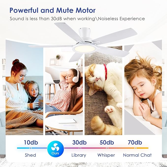 BYKISTOK Flush Mount RGB Ceiling Fan with RGB Light - 52In White Ceiling Fan Light with Reversible Mute Motor, 3CCT LED Dimmable, Low Profile Modern Ceiling Fans for Indoor, Party, Living Room
