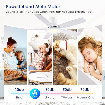 BYKISTOK Flush Mount RGB Ceiling Fan with RGB Light - 52In White Ceiling Fan Light with Reversible Mute Motor, 3CCT LED Dimmable, Low Profile Modern Ceiling Fans for Indoor, Party, Living Room