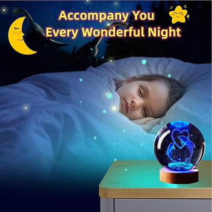 Dolphin Crystal Ball Lamp,3D 3.15 inch K9 Crystal Ball Night Light with Wooden Base Lamp for Room,Dolphin Light Gift,16 Colors Change with Remote Control (D)
