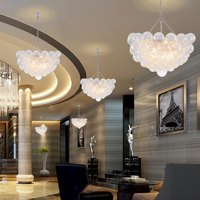 Hand Blown Glass Bubble Ball Chandelier White Finish 32" Pendant Light Fixture Art Deco Cluster Ribbed Glass Swirled Globe Lighting for Bedroom Dining Room Restaurant Bathroom Entry
