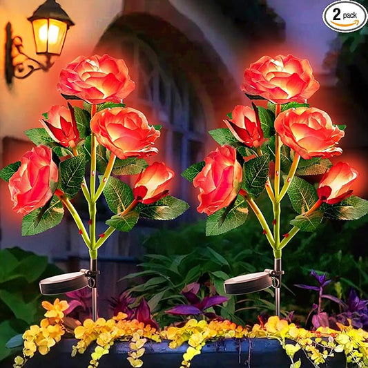 Anordsem Solar Garden Lights Outdoor: 10 Waterproof Fabric Roses 2 Pack - Red LED Flower Decorations for Yard Patio Path Cemetery Grave - Mother 's Day Gift for Her Women Mom Wife