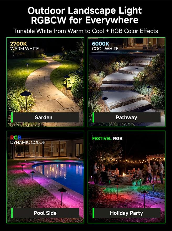 RGBCW Smart Low Voltage Path Light, 12v Black Landscape Lighting with Bluetooth APP Control, Dimmable Warm/Daylight 2700K-6500K G4 Bulb, Large Hat IP65 Waterproof for Walkway Yard 1 Pack