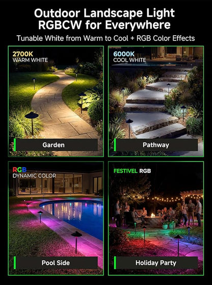 RGBCW Smart Path Lights Low Voltage, Bluetooth App Controlled Tunable Warm/Daylight 2700K-6500K G4 Bulb, 12v Aluminum Black with Wide Cap, Landscape Lighting for Garden Driveway 6 Pack