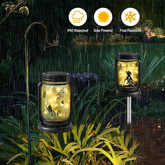 2 Pack Outdoor Hanging Solar Lantern, Cat & Dog Butterfly Vintage Glass Mason Jar, Birthday Mothers Day Gifts for Mom, Grandma, Women, Waterproof Garden Lights for Patio Yard Lawn Tree Decor