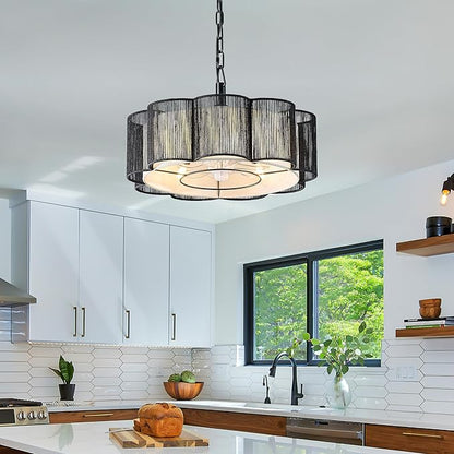 20" Rattan Ceiling Fan, 4-Lights Caged Fandelier Ceiling Fan with Remote and App Control, Drum Lampshade, Boho Chandelier with Fan for Dining Room, Bedroom, Kitchen (Black Farmhouse)