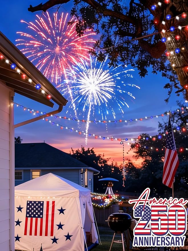 4th of July Decorations Outdoor, 4pk Red White and Blue Solar String Lights, 8 Modes 400LED 132FT Solar Fairy Twinkle Lights Waterproof for Independence Day Garden Tree 250 Anniversary USA Decoration