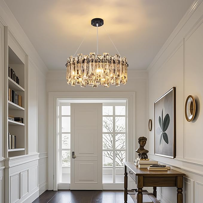 Modern Luxury K9 Crystal Chandelier 5-Lights Round Pendant Light Easy Install Ceiling Hanging Light Fixture for Dining Living Room Kitchen Island Entryway Foyer D15.8 Black
