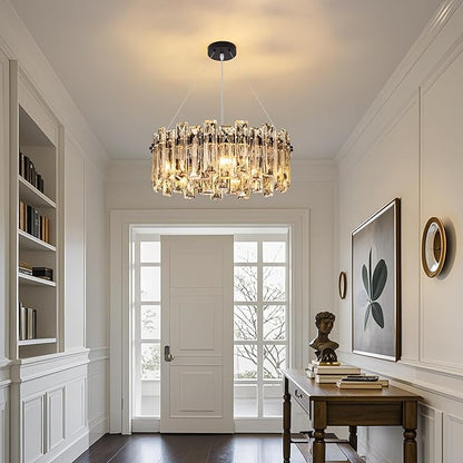 Modern Luxury K9 Crystal Chandelier 5-Lights Round Pendant Light Easy Install Ceiling Hanging Light Fixture for Dining Living Room Kitchen Island Entryway Foyer D15.8 Black