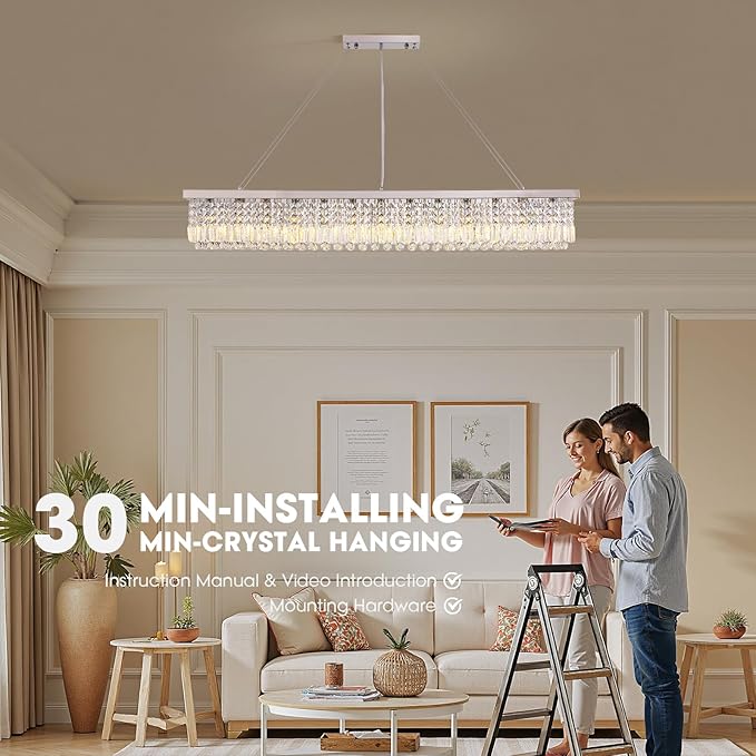 Large Modern Crystal Chandeliers for Dining Room Light Fixture, 13-Light Rectangle Chandelier for Kitchen Island Living Room, L59 Inch, Chrome Finish