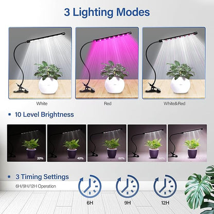 iPower Plant Grow Light, 6000K Full Spectrum Clip LED Growing Lamp for Indoor Plants, Automatic Timer & 10 Dimmable Levels, 1 Tube
