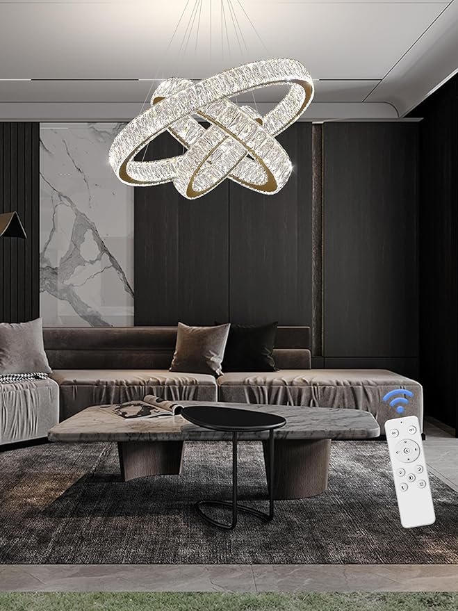 Modern Led Gold Ring Chandelier Luxury 3 Ring Crystal Chandelier Led Dimmable Light for Dining Room Height Adjustable Led Pendant Light 32''+24''+16''