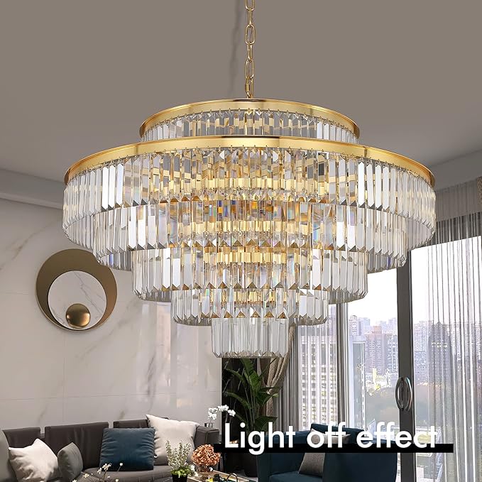 31" Gold Crystal Chandelier, Modern 6-Tier Ceiling Light with Clear Crystal Prisms, Luxury Pendant Lighting for Dining Room Living Room Entryway