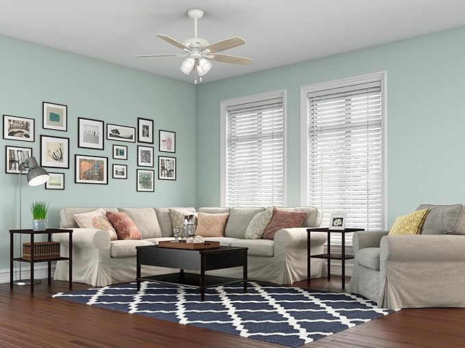 Hunter 52 inch Indoor Ceiling Fan with LED Lights - White Ceiling Fan with Pull Chain, For Bedroom or Living Room, Standard Mount, No Remote, 5 Blades, Includes Bulbs - Amberlin 53217, Fresh White