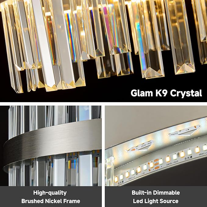 Nickel Led Modern Crystal Chandelier: 39.3" Rectangle Linear 3 Color Dimmable Chandeliers for Dining Room Over Table - Luxury Rectangular Contemporary Oval Light Fixture for Living Room Bedroom Foyer